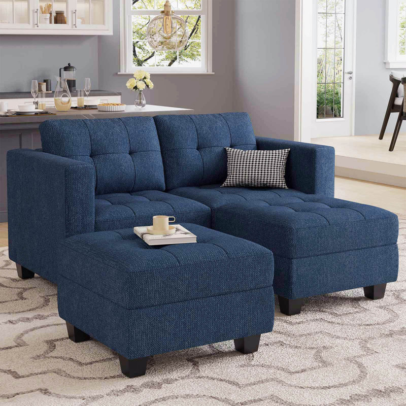 Canapé-lit modulaire rembourré en polyester avec rangement capitonné 63,8 po Ayden Hunsicker, Mélange de lin bleu