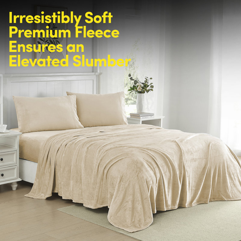 Ultra Soft Microplush Solid Fleece Sheet Set - King, Beige, King Sheet Set with 2 Pillowcases, Beige