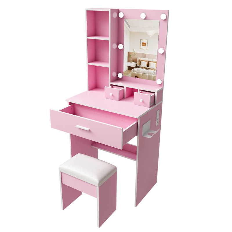 Table de coiffeuse avec miroir et lumières DEL réglables, prise de courant, support pour séchoir à cheveux et tabouret - coiffeuse compacte pour petites chambres
