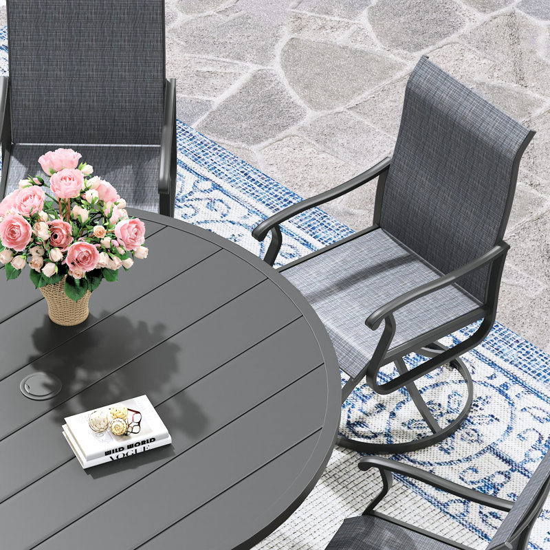 6-Person Patio Dining Set with 53" Round Metal Dining Table and 6 Swivel PVC-coated polyester Chairs, Black/Dark Gray