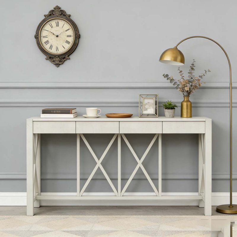 Acacia Veneer Console Table Spacious Drawers Crisscross Design Entryway Sofa Table, Beige