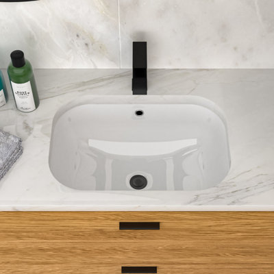 Lavabo de salle de bain rectangulaire encastré en céramique blanc contemporain avec ouverture de trop-plein