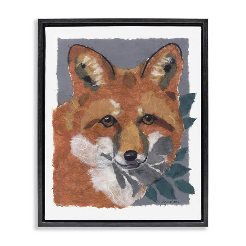 «Fox with Opaque Leaves», art mural sur toile par Nancy Overton, H 21 po x l 17 po x P 1,7 po, Cadre flottant noir de jais