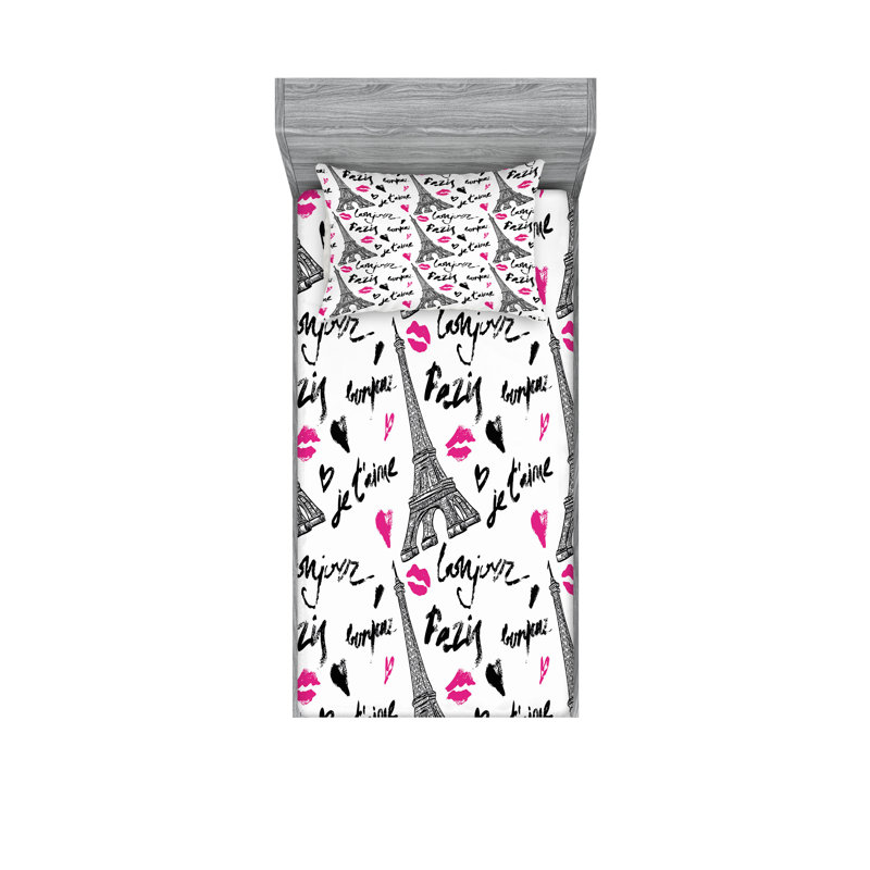 Drap-housse et coussin décoratif Ambesonne Paris - blanc, noir et rose, Ensemble de draps pour lit simple très long + 3 p