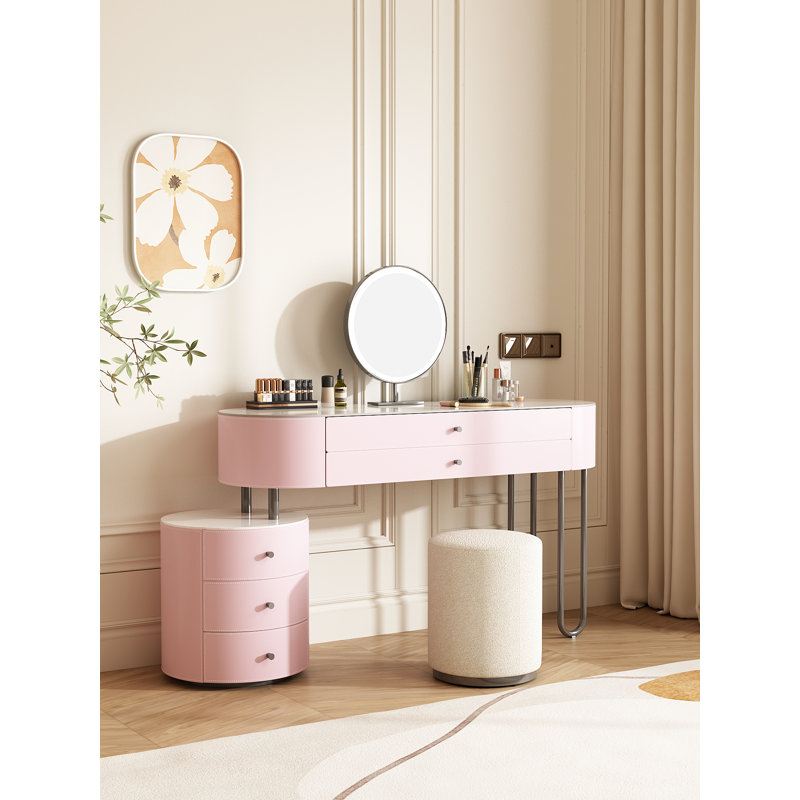 Ensemble de coiffeuse Jahnea-Elegant: table de coiffeuse et tabouret à finition ardoise en cuir Saddle, support en acier inoxydable, installation réversible et miroir à DEL à intensité variable