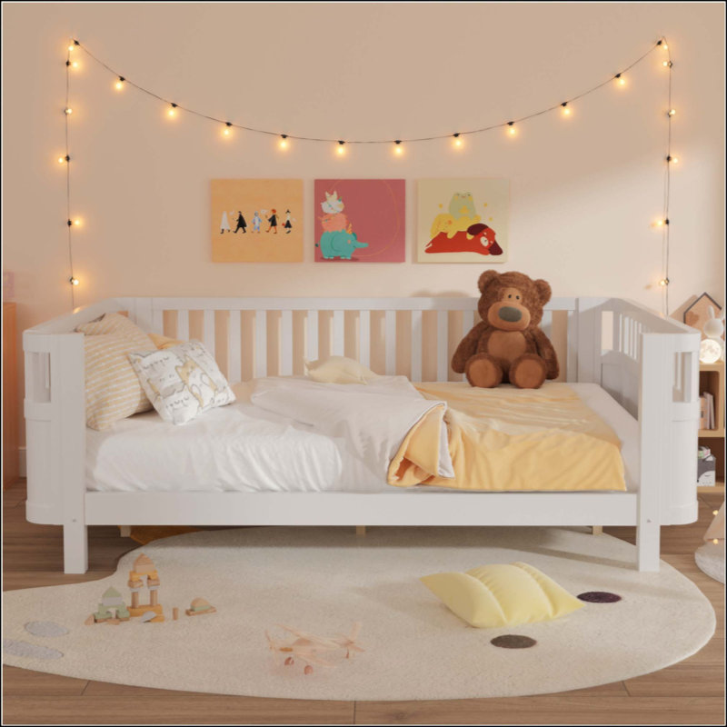 Lit plateforme en bois, lit à profil bas en bois avec rails pour filles et garçons, White