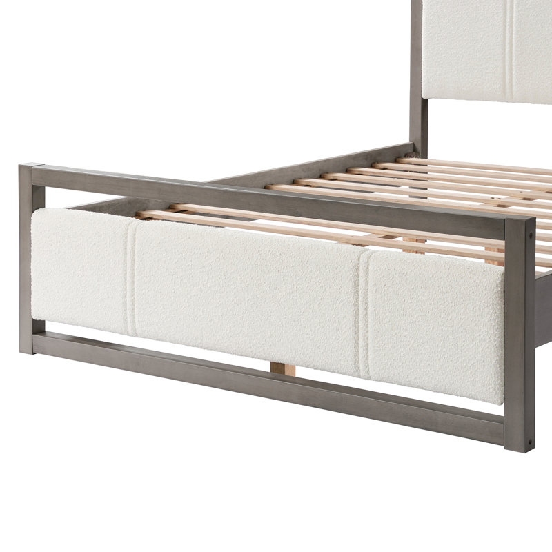 Lit avec tête de lit en tissu ivoire, structure en bois