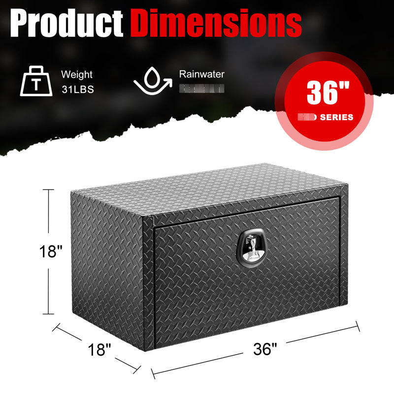 36 po, aluminium, coffre à outils, conception imperméable, loquet moulé sous pression, profil élégant, boîte à outils en aluminium optimisée sous le lit, serrure et clés, conception robuste, conception légère et robuste