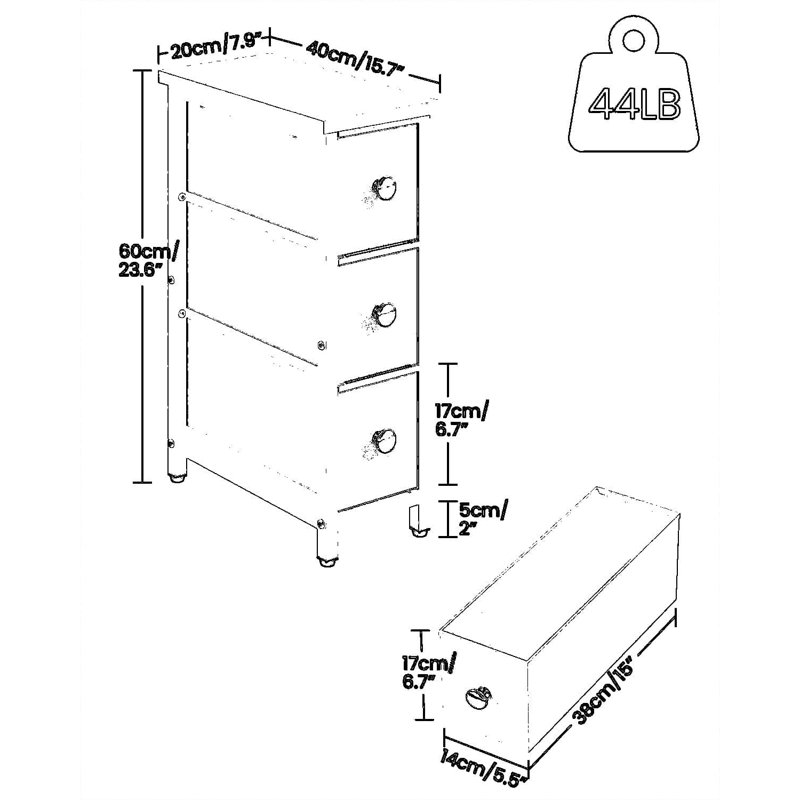 Table d'appoint étroite avec 3 tiroirs en tissu, table de chevet mince industrielle pour petits espaces, chambre à coucher, salon, dortoir, blanc