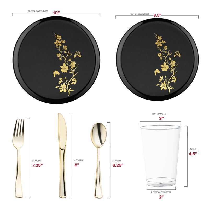 Ensemble de 120 pièces en plastique noir à motifs floraux dorés pour mariage