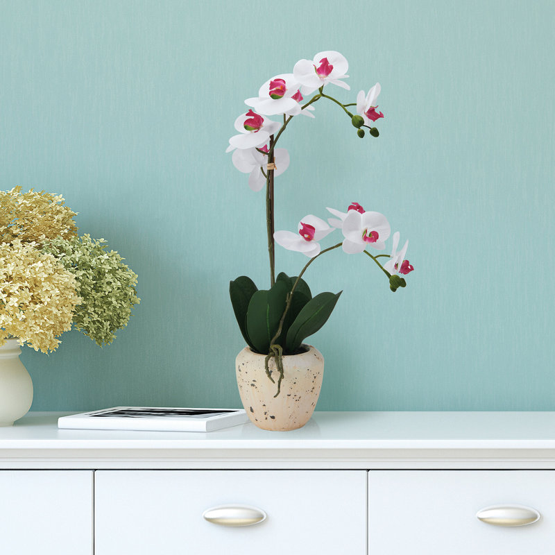 22 in. Realistic Artificial Orchid with Decorative Pot, White/Pink