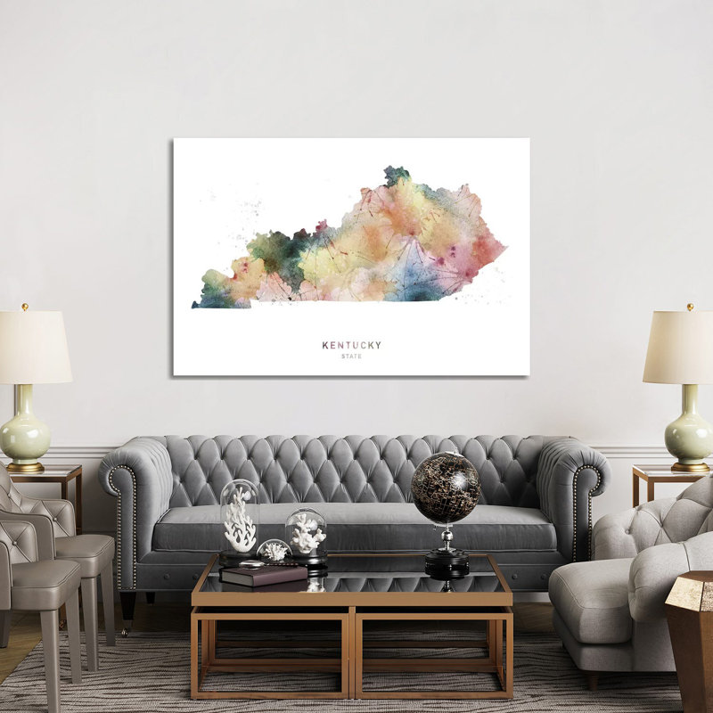 Kentucky Watercolor State Map - reproduction sur toile tendue, H 40 po x l 60 po x 1,5 po