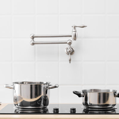 Commercial Wall Mount Kitchen Pot Filler, Brushed Nickel, Brass Material, Stretchable Double Joint Arms, Style A, Classic Look, Leak - Proof, Smooth Turning, 360 Spout Turn Mounted Faucet With Swing