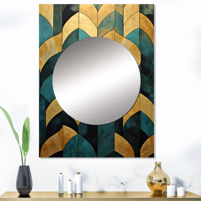 Minwoo émeraude et arches dorées V - formes abstraites, décor de miroir mural moderne, grand miroir moderne, art imprimé en métal