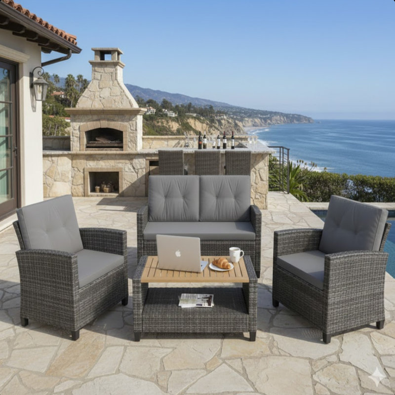 4-Piece All Weather Wicker Outdoor Patio Conversation Set With Gray Cushions And Accacia Wood Table