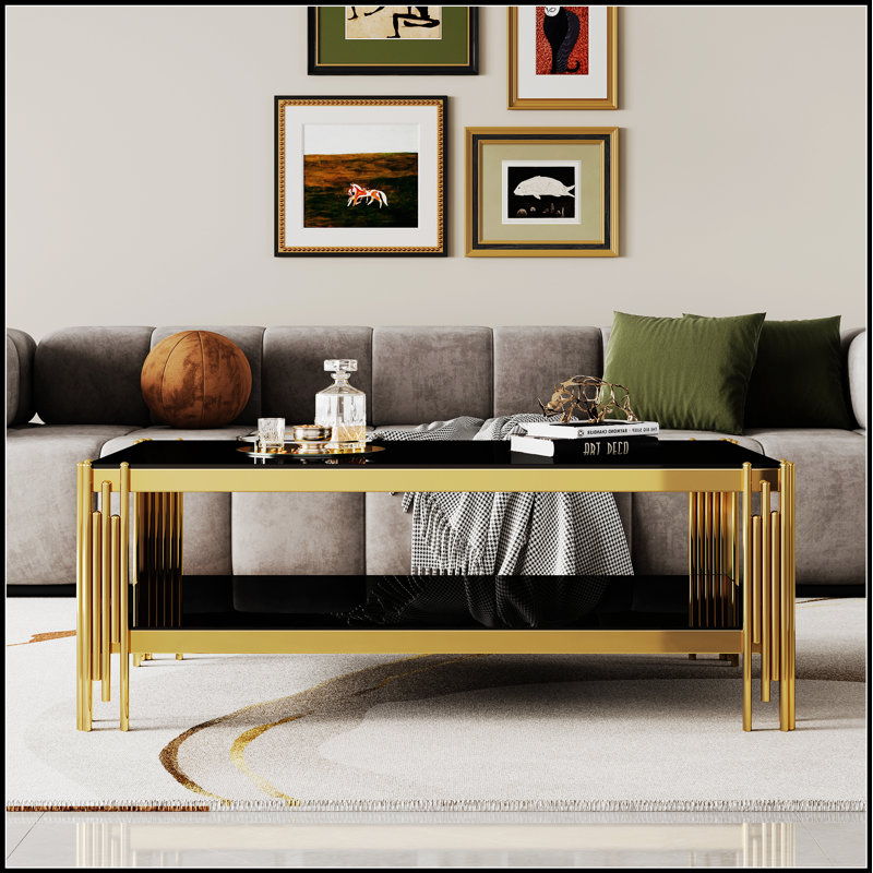 Table basse en verre trempé double couche supérieure et inférieure avec structure en acier inoxydable à finition miroir, parfaite pour les espaces de vie modernes et élégants.