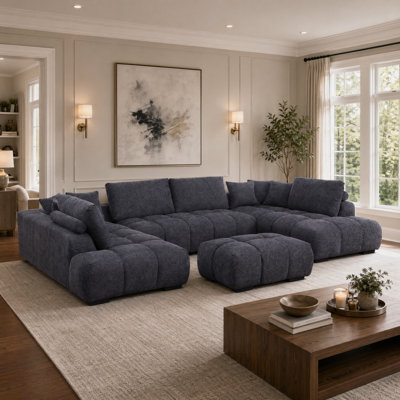 142" Extra Deep Plush Fabric Upholstery Modular Sofa Chaise Symmetrical Sectional With Ottoman