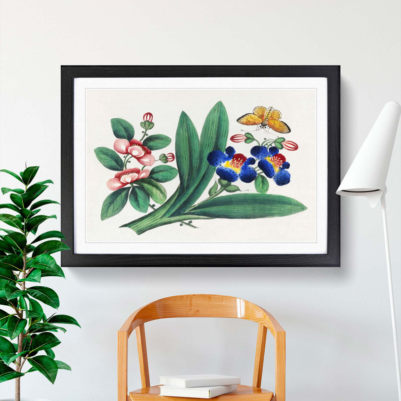 A Butterfly & Flowers - Framed Print, 33cm H x 45cm W x 2cm D, Black Framed