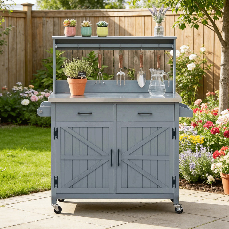 54.1" Outdoor Kitchen Island With Stainless Steel Top, Gray