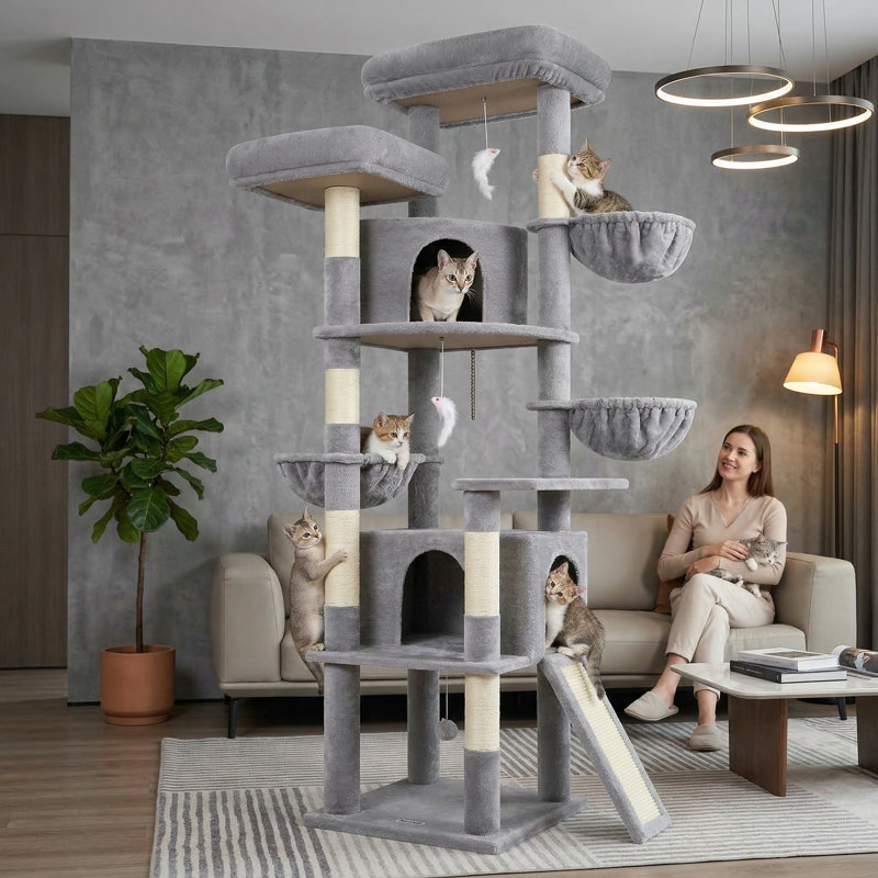 76" Cat Tree For Large Cats, Multi-cat Tower With2 Condos, 3 Hammocks, 6 Sisal Posts, Scratching Board,velvet Playground Suits Cat Tree Small Spaces, Easy Install