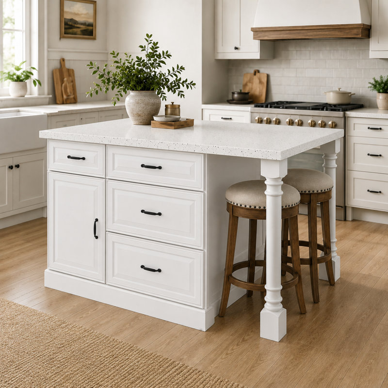 White Transitional Kitchen Island Base With Legs, 57.5" W Storage Cabinet & Prep Station