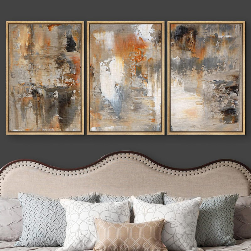 «Black, White and Orange Brushstrokes Abstract Shapes Chic Ultra on Canvas», reproduction de 3 pièces, H 36 po x l 72 po