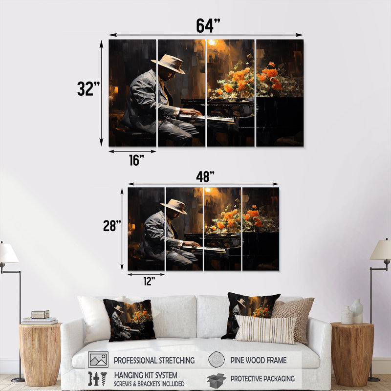Floral Piano Jazz Room Elegance I - Ensemble de 4 pièces d'art mural, H 32 po x l 64 po