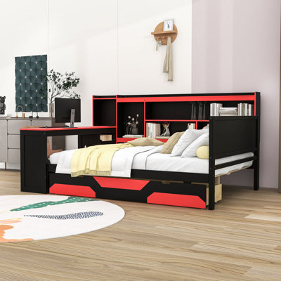 Integrated Gaming Daybed with Built-in Desk, Atmospheric Lighting and Storage Drawers