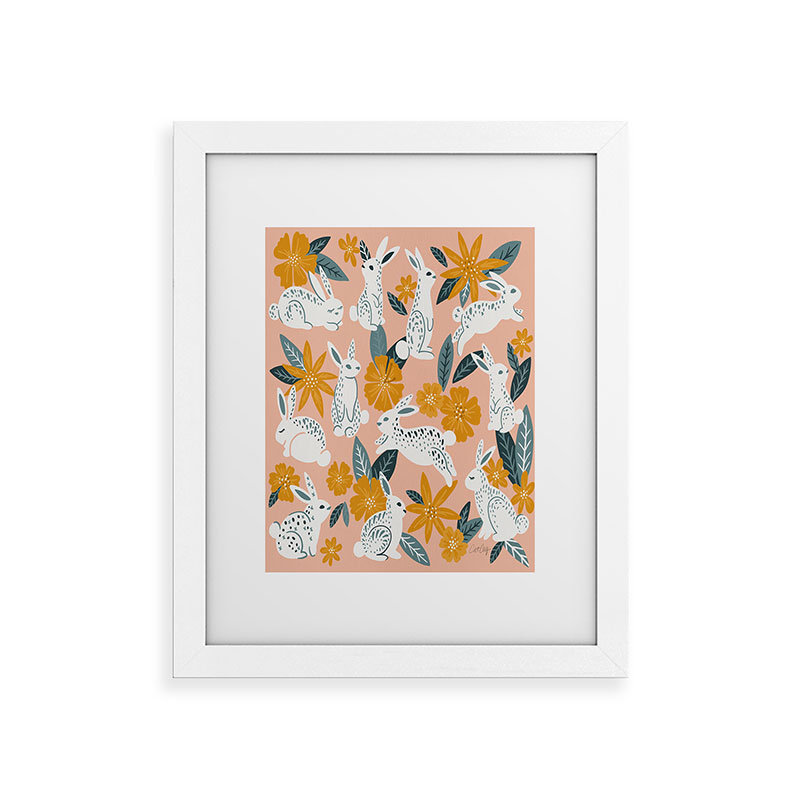 «Cat Coquillette Bunnies Blooms Teal Blush», reproduction d'art encadrée, H 14 po x l 11 po, Blanc
