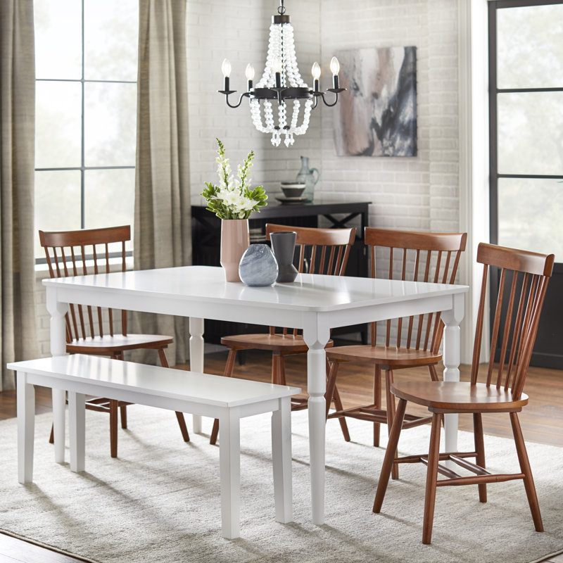 Aulii 6 - Piece Rectangle Table, Bench, Windsor Chairs Dining Set, Walnut