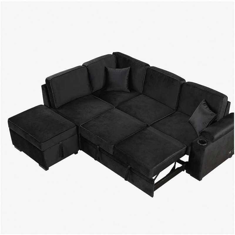 Canapé-lit de 84,75 po, canapé-lit coulissant 2 en 1 avec canapé en forme de L et repose-pieds avec rangement, adapté au salon, à la chambre à coucher et à l'appartement, noir