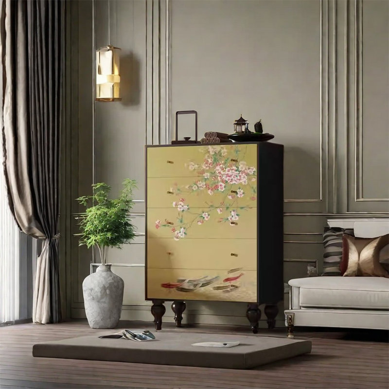 Armoire de rangement élégante à cinq tiroirs en bois massif, Noir, noir, noir, noir