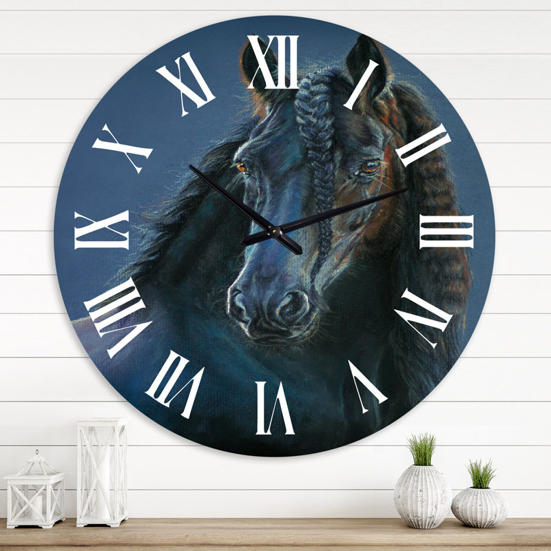 Portrait de cheval frison - horloge murale de ferme, Moyenne
