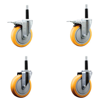 5 Inch 316SS Yellow Poly Swivel 3/4 Inch Expanding Stem Caster Set 2 Lock Brake