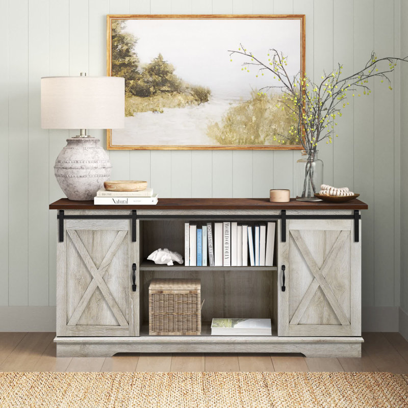Meuble télé à porte coulissante Carterton, Plateau brun traditionnel / chêne blanc, H 28 po x L 58 po x l 16 po