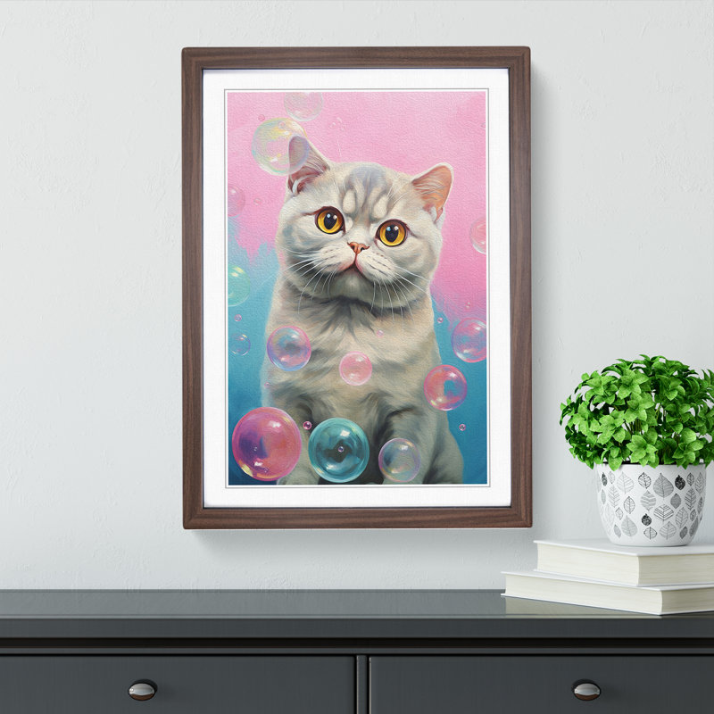 Cat Bubble Gum No.2 - Single Picture Frame Print on Wood, 34cm H x 25cm W x 2cm D, Walnut Framed