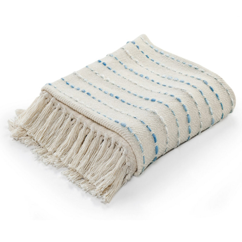 Jeté tissé à la main à rayures profondes ombrées avec franges, Bleu
