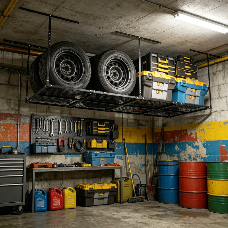 8x3FT Overhead Garage Storage Rack, 600 Lbs Capacity Heavy Duty Ceiling Rack, 22"-42" Adjustable Height, DIY Metal Storage Organizer for Joist Spacing ≤24" or 36"