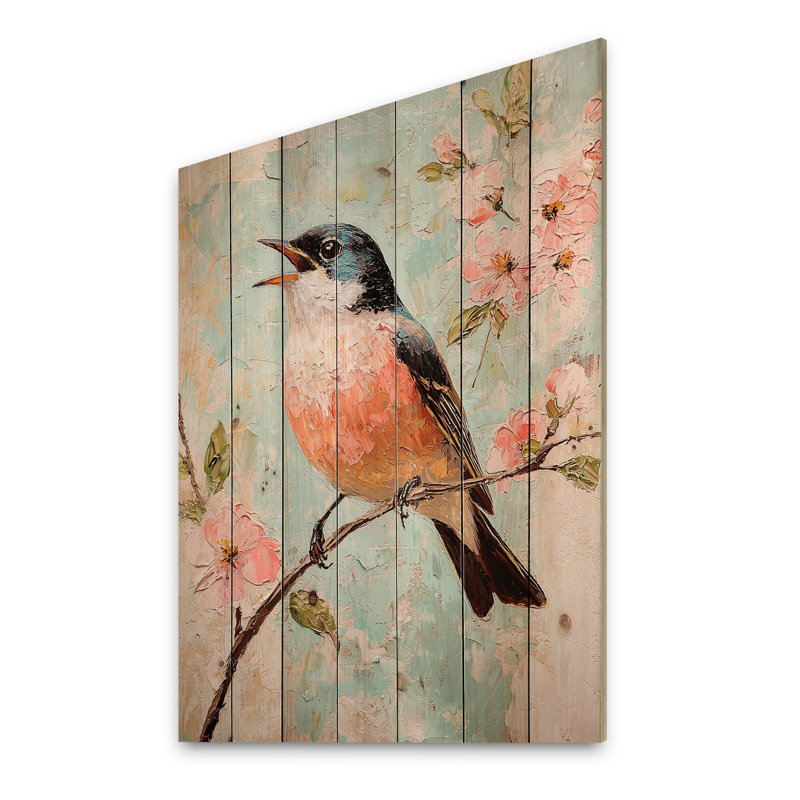 Oiseau Robin chantant dans le jardin III - impression moderne en bois rose sur bois de pin naturel, H 32 po x l 24 po