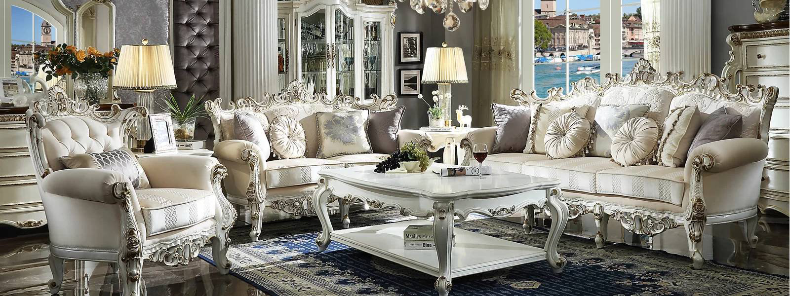 Blue Damask French Chairs with Oval Mirror and Brass Coffee Table - French  - Living Room