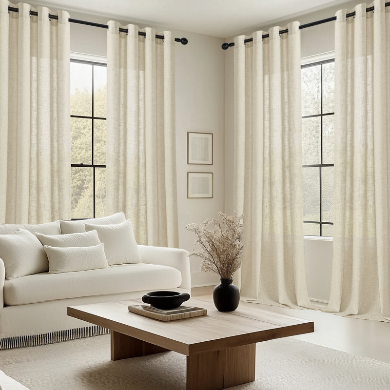 4 Pcs Polyester Linen Textured Light Filtering Semi-sheer Grommet Curtain Pair(set Of 2), 52" W x 63" L, Linen