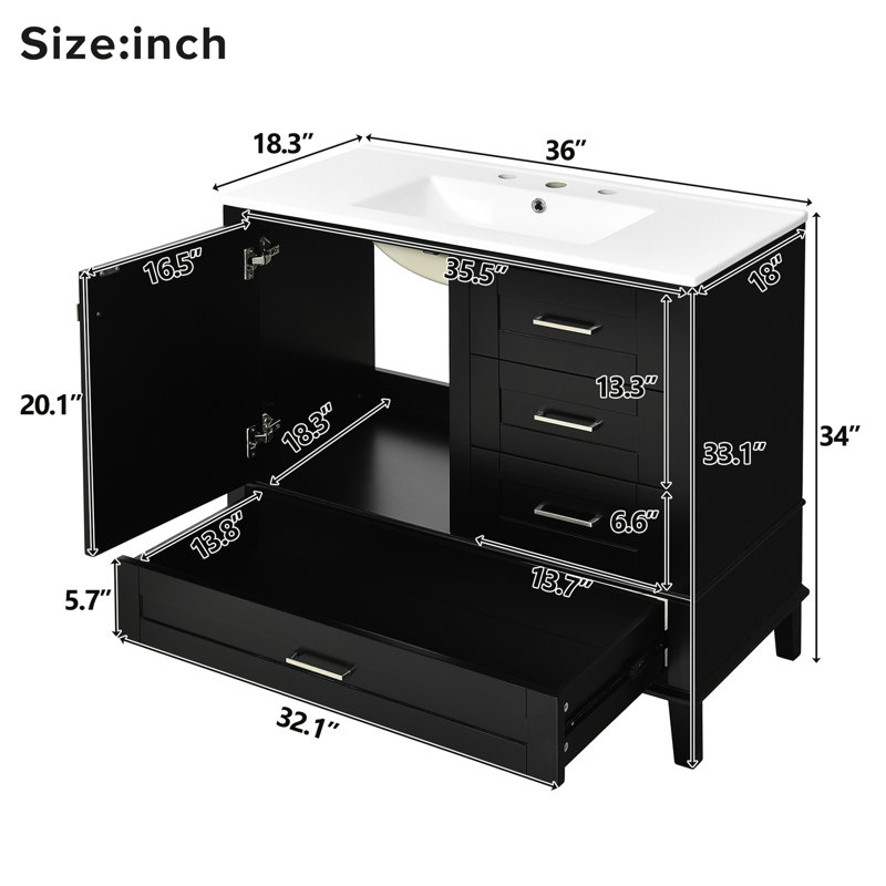 Meuble-lavabo de 36 po en noir - Structure en pin massif, lavabo en céramique, porte à fermeture en douceur et 3 tiroirs pour espaces compacts