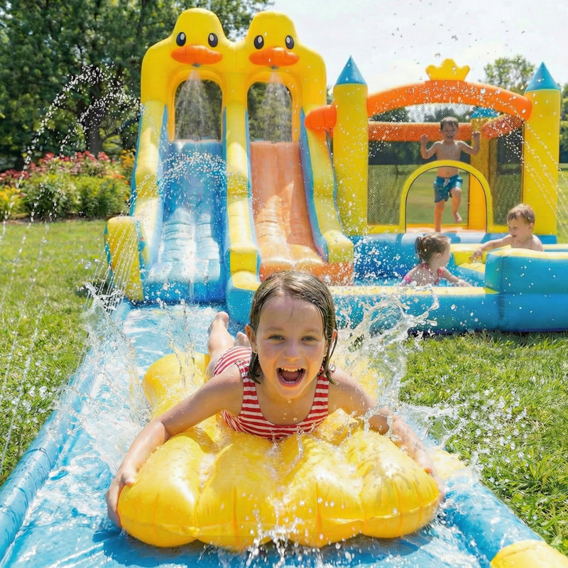 Inflatable Bounce House with 12.2FT Water Slide & 2 Surf Boards, Dual Slides Water Park with Splash Pool, Basketball Hoop & Water Guns, 750W Blower for Kids 3–12