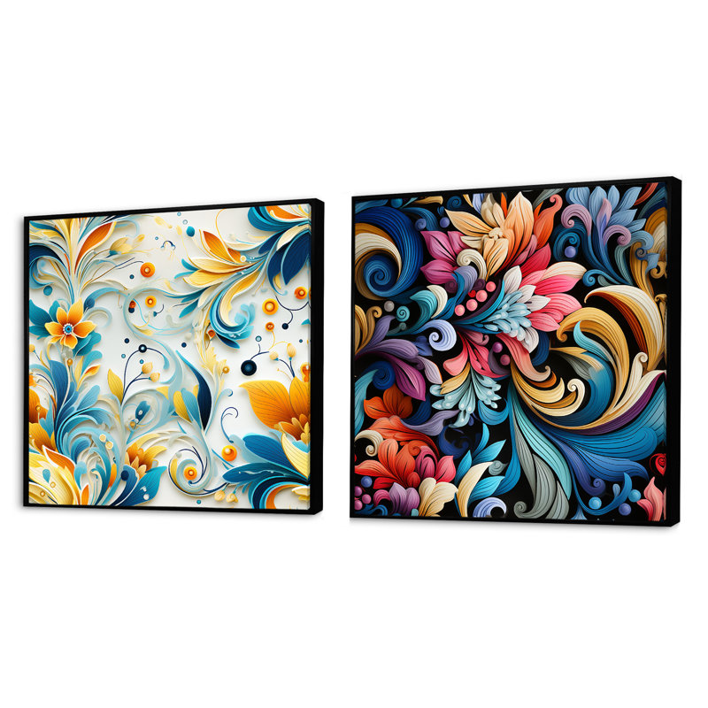 Tidworth - Ensemble de 2 collages floraux et botaniques carrés, Cadre flottant noir, H 30 po x l 61 po