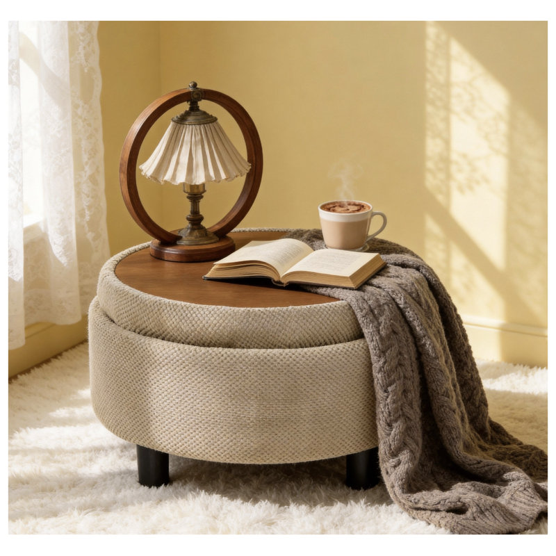 Repose-pieds rond avec plateau de rangement en bois - Table basse en tissu brun clair, repose-pieds à compartiments cachés