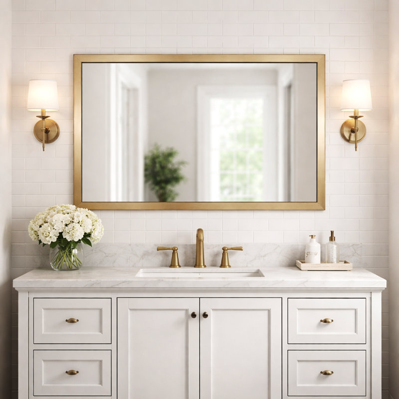 Wood Framed Mirror with Safety Backing Ideal for Bathroom / Vanity Mirror Ellis Collection, 28" x 48", Champagne Bronze