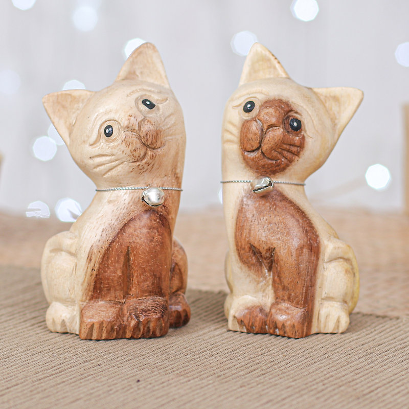 Handmade Chiming Meows Wood Figurines (Set Of 2)