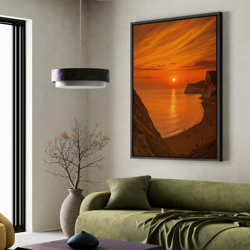 Art mural sur toile encadrée, "Orange Sunset Sea View", impression murale pour chambre à coucher - 24 po x 36 po, Black