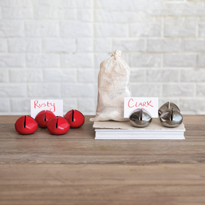 Round Metal Bell Place Card/Photo Holders With Paper Cards In Drawstring Bag
