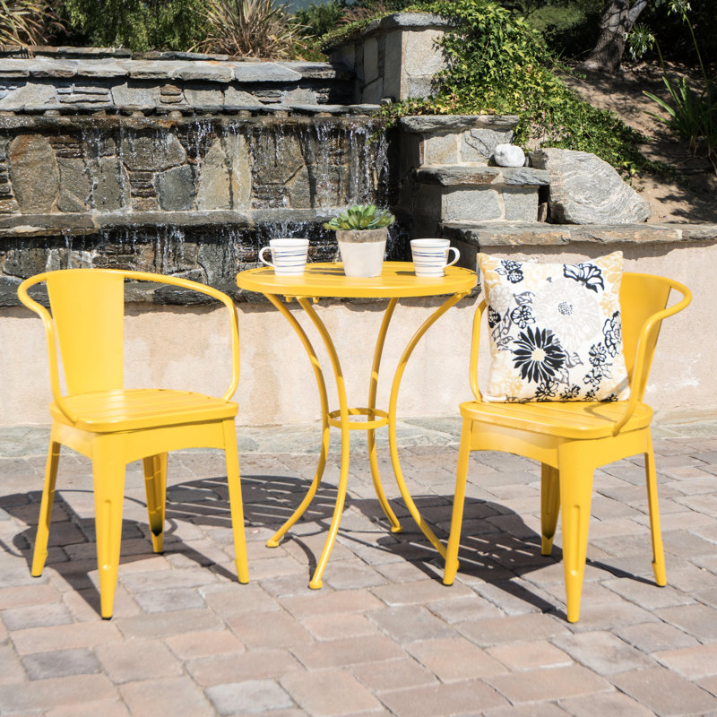 Mobilier de jardin bistro en fer jaune - 3 pièces en métal KD résistant